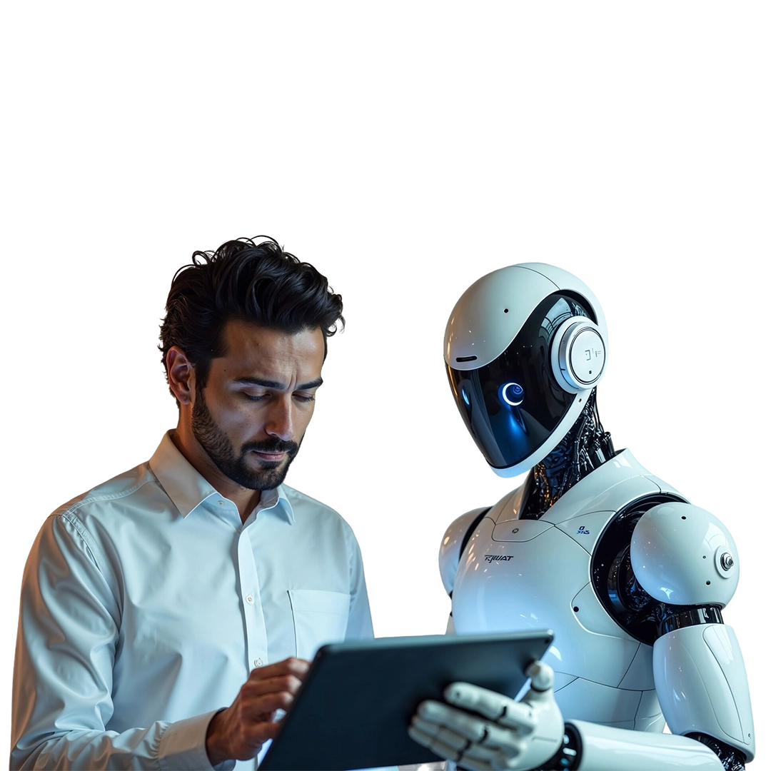 AI robot explaining technology to a business professional